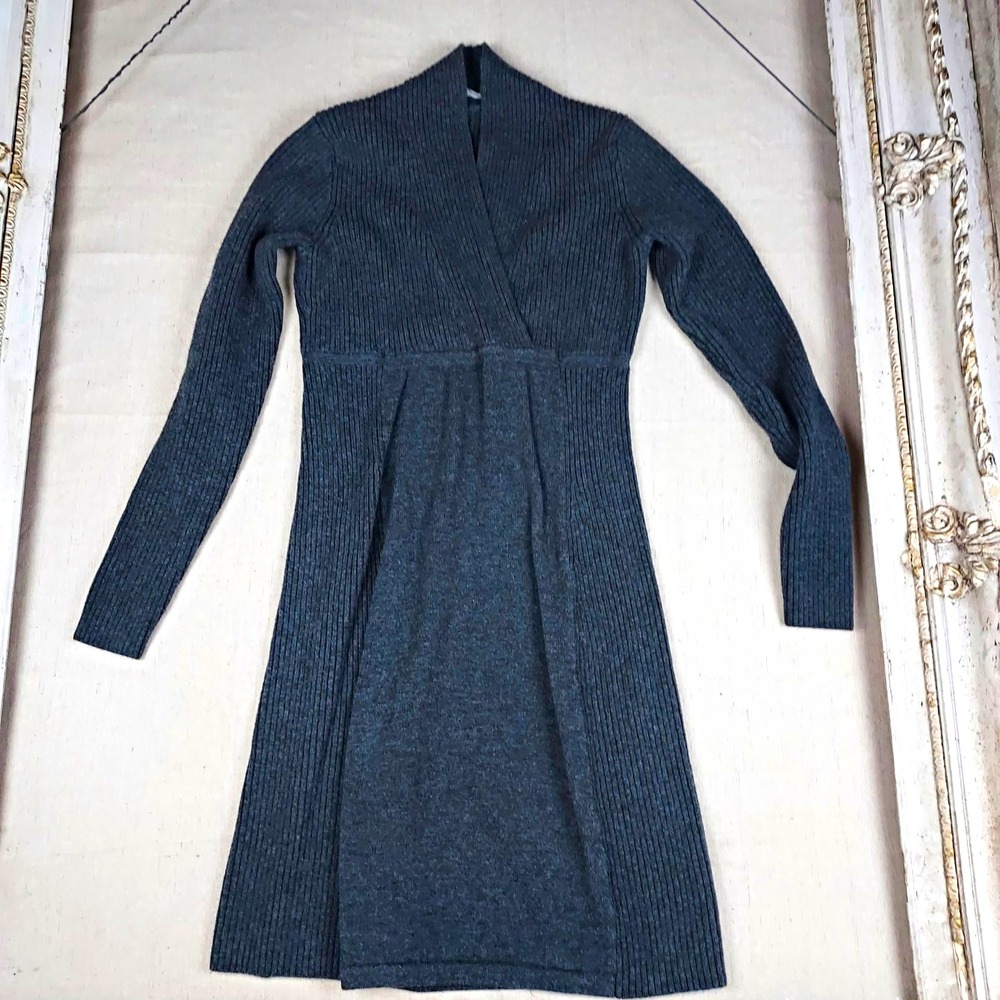 Athleta Women's Medium Gray Merino Wool V-Neck Sweater Dress Long Sleeve